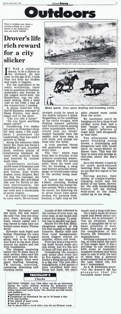 Herald Sun 13th May 1994. Drover's life, jillaroo Kate Hesse working on outback cattle station.